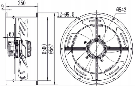 Priemyselný kanálový ventilátor fi 500 in. 6050 m3/h YWF-4E-500B-137/35-T